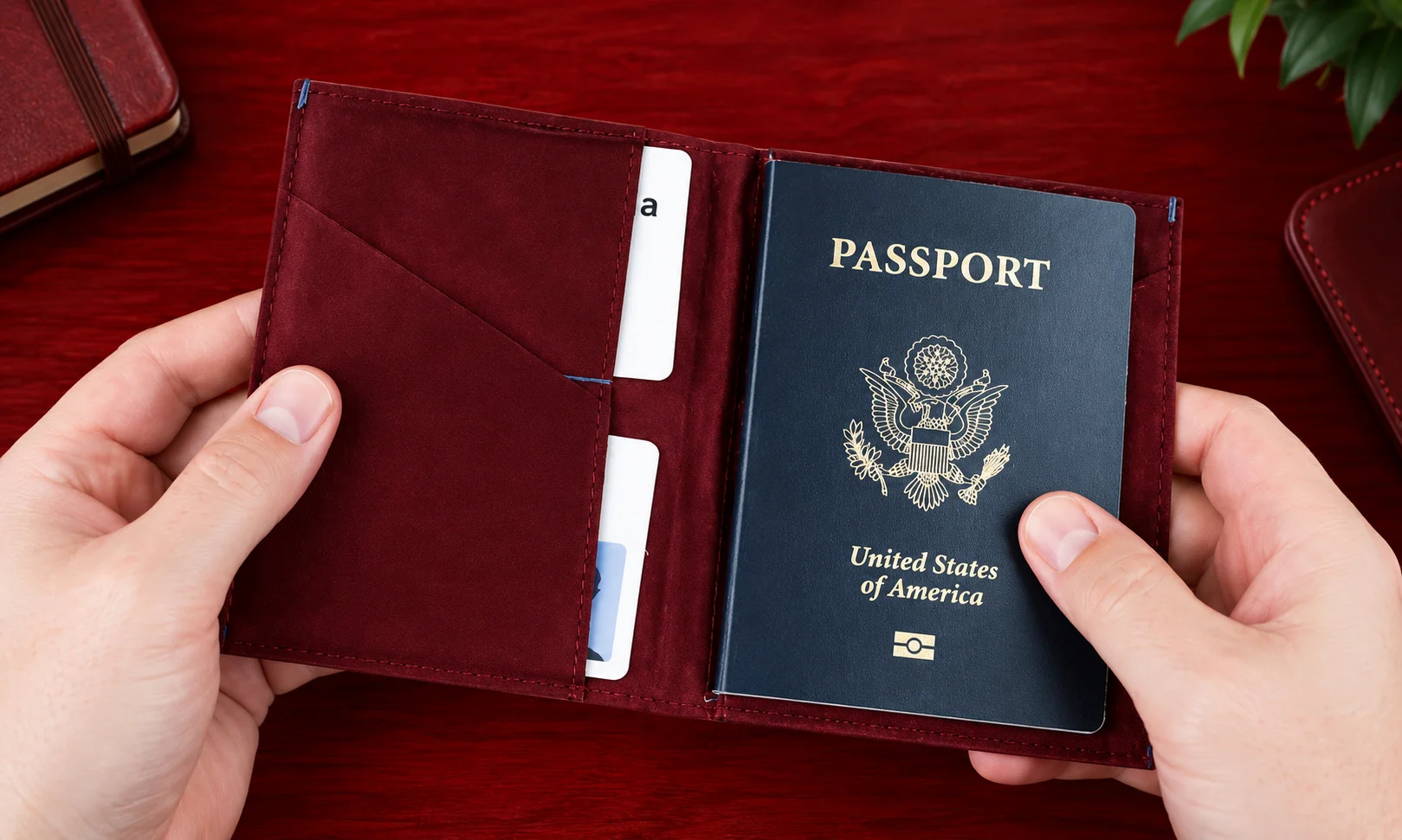 Opening the Allett Travel Wallet Leather Edition to show internal card slots and a dedicated US passport compartment.
