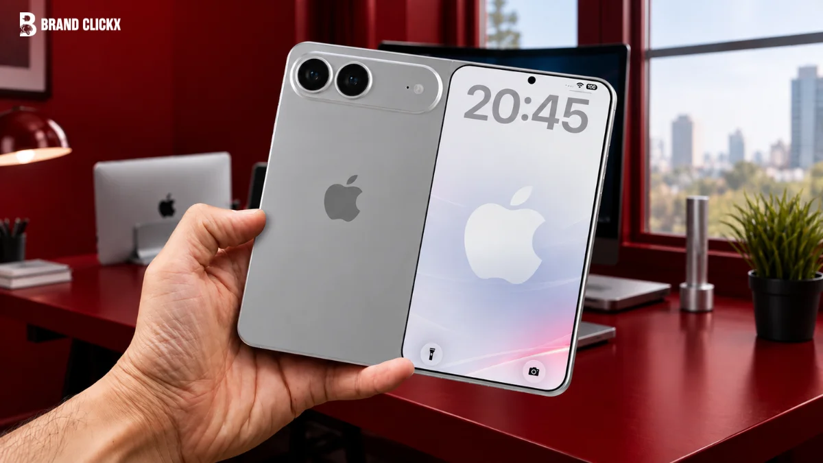 Apple Debuts Foldable iPhone Duo Price Specs & Features Hands holding the new Apple iPhone Duo folding phone showcasing its outer screen and dual-camera setup.