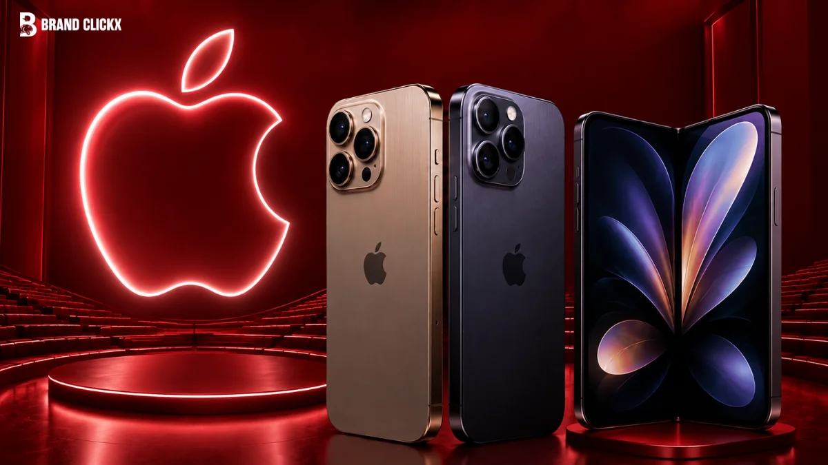 Apple showcase stage featuring the iPhone 18 Pro alongside other new devices for the September 2026 launch event.