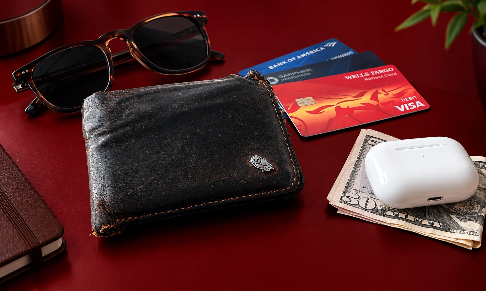 Bellroy Hide & Seek bifold wallet displayed alongside travel cards, sunglasses, and cash.