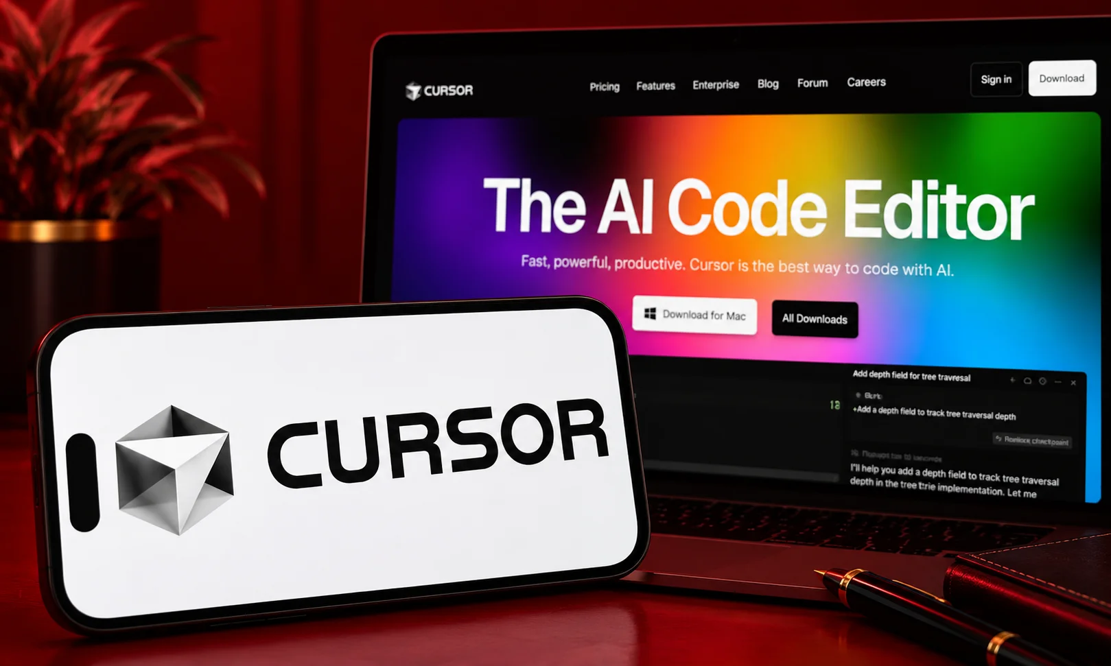 | Best AI Coding Tools for Developers in 2026 Smartphone and laptop displaying the Cursor AI code editor interface for AI-native development.
