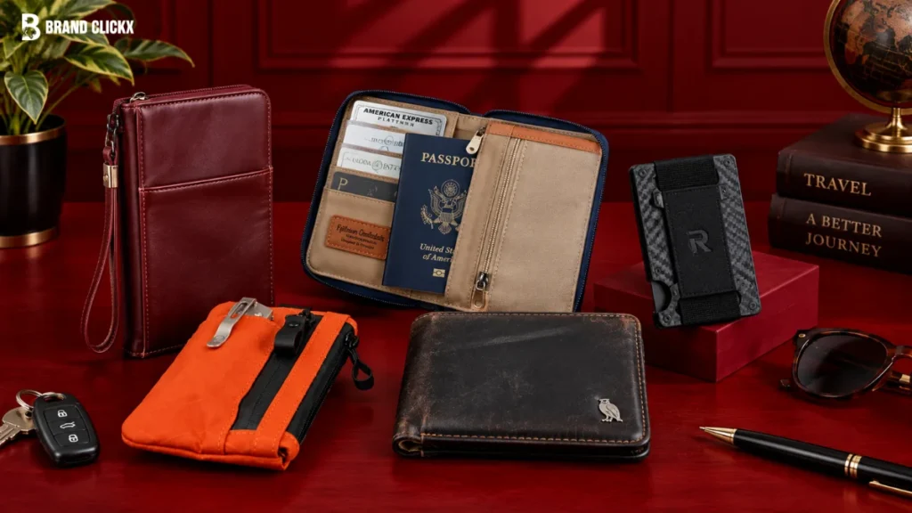 FEATURE WALLETS An assortment of best travel wallets displayed together on a table, featuring passport holders, minimalist cardholders, and leather organizers by BrandClickX.