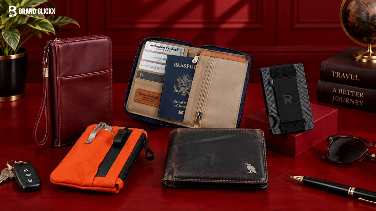 An assortment of best travel wallets displayed together on a table, featuring passport holders, minimalist cardholders, and leather organizers by BrandClickX.