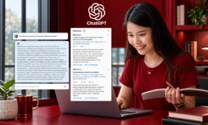 | How to Get Cited by ChatGPT: What the Data Shows Woman looking at laptop displaying ChatGPT citation references list