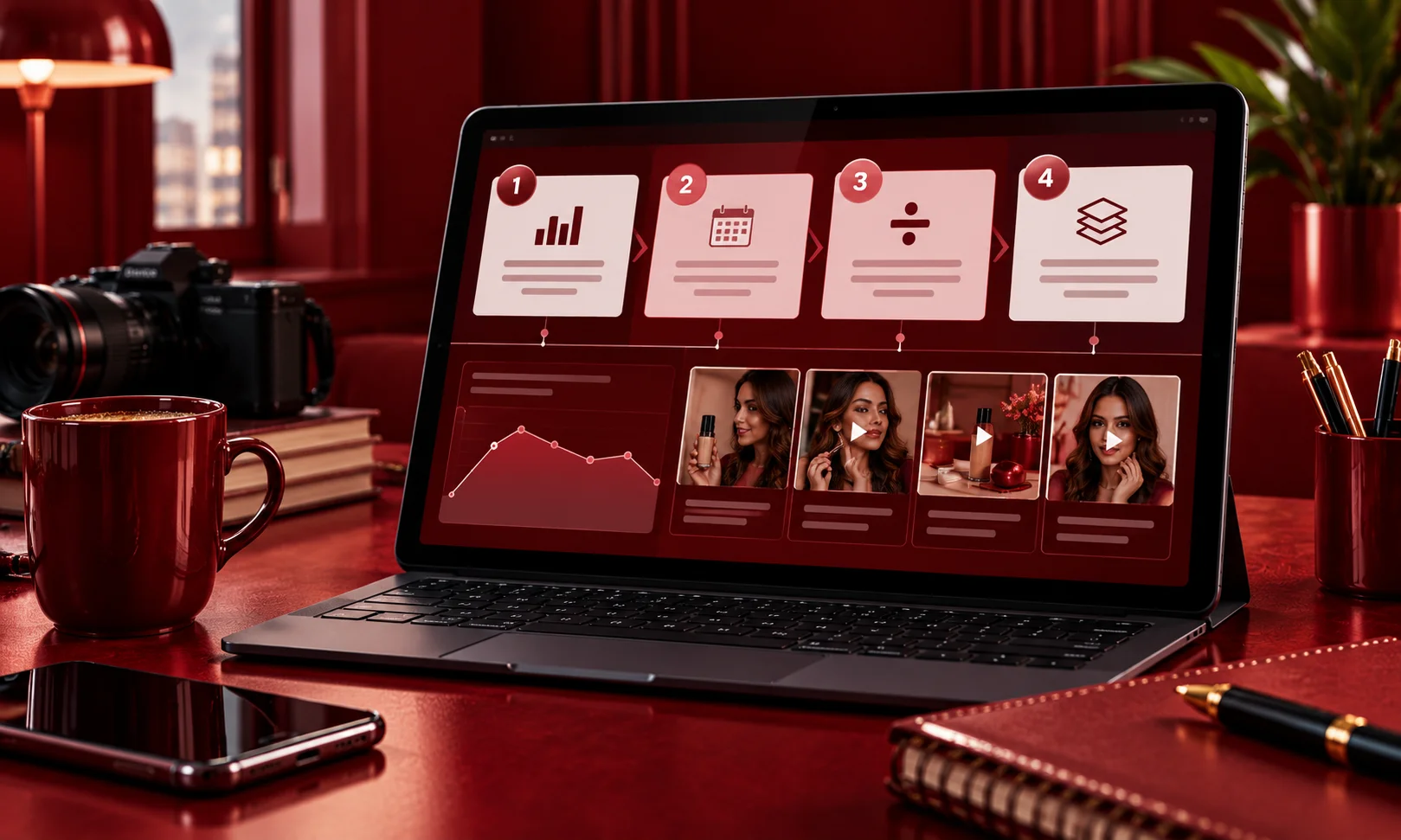 Tablet displaying 4 step framework to calculate ad refresh rate for Creative Volume management