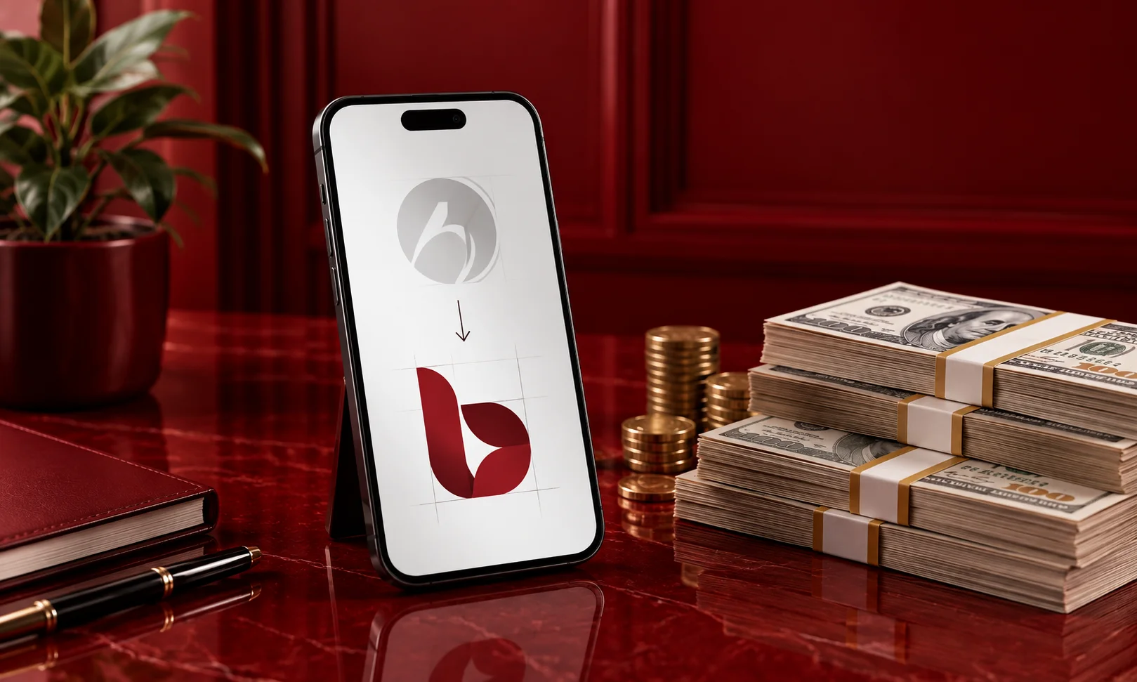 | Rebrands That Worked: Successful Rebrand Examples and the Reasoning Behind Them Smartphone displaying logo design next to cash stacks calculating costs for Successful Rebrand Examples