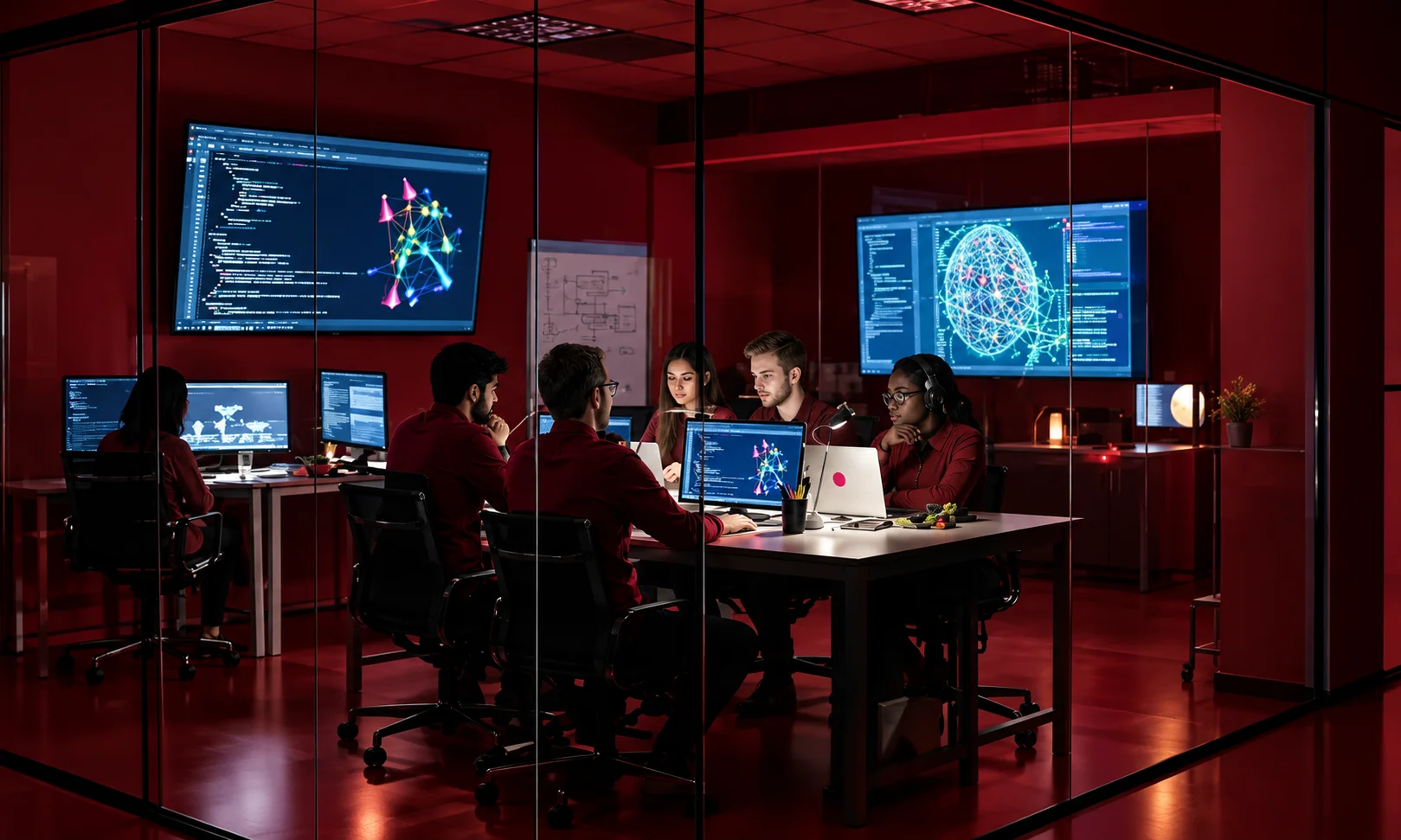 Professionals collaborating on digital workflows and data visualizations in a modern office environment to implement operational changes.