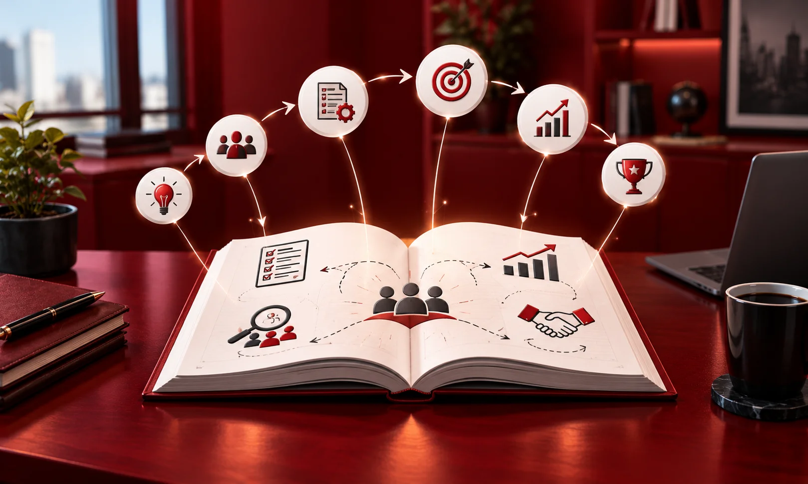 An open book displaying process workflow icons and diagrams demonstrating how to build a customer success playbook from scratch.