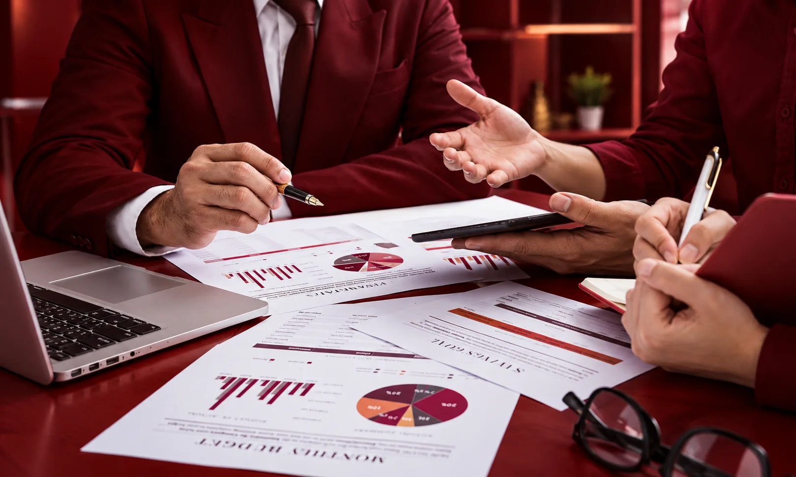 Team of marketers discussing performance reports and Paid Social Benchmarks in a business meeting