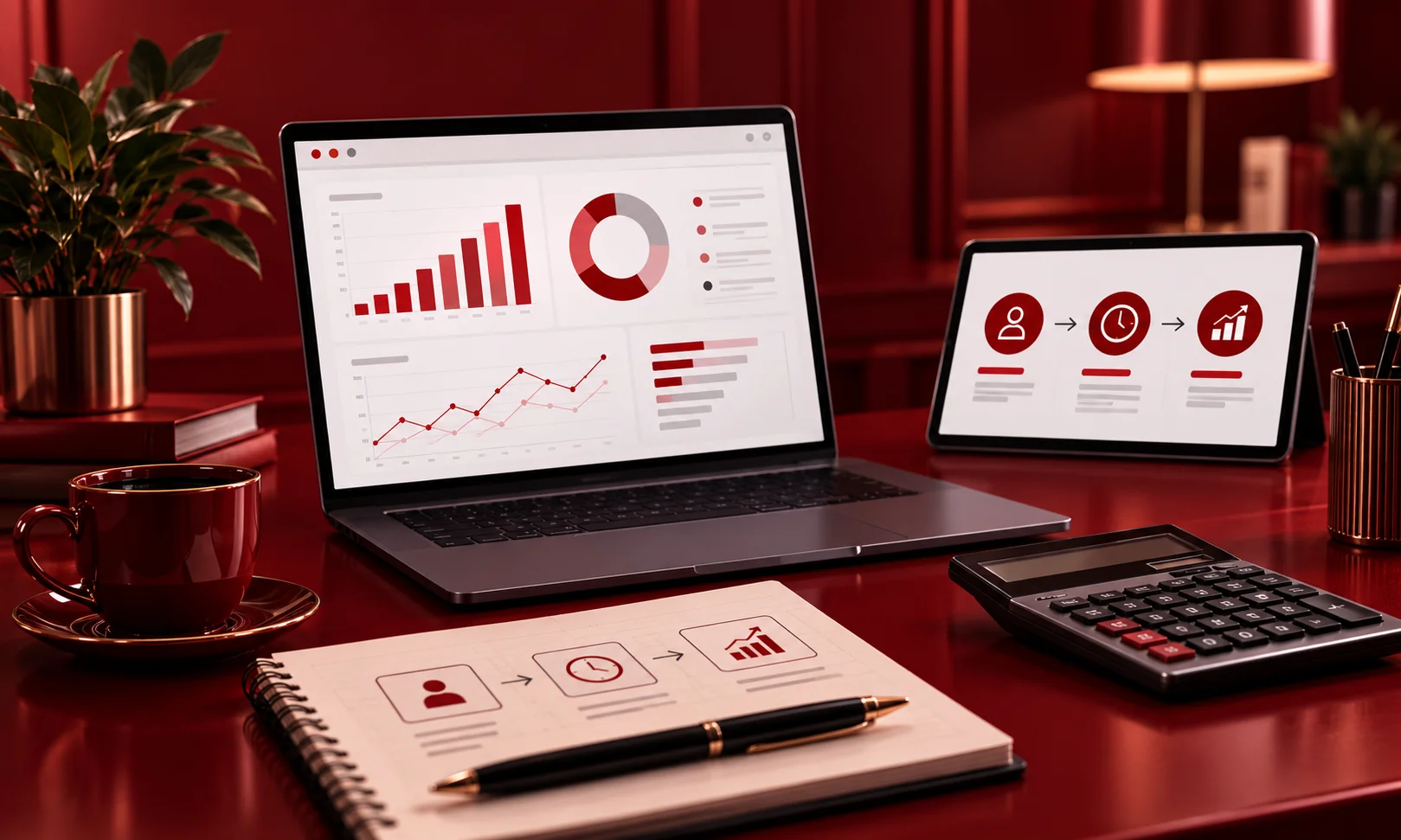| What an Agency AI Tooling Stack Actually Costs Desk setup with laptop showing analytics charts and calculator for Agency AI Tooling Stack ROI