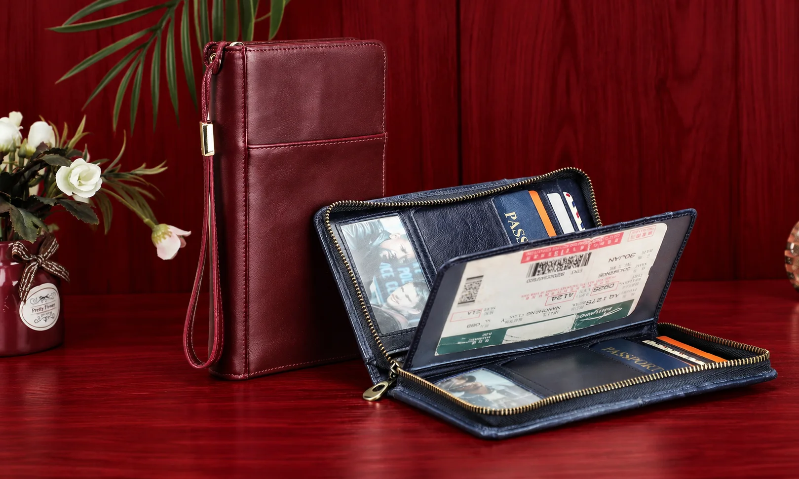 Leatherology Zip Around Travel Wallet in full-grain leather with interior card slots and boarding pass compartments.