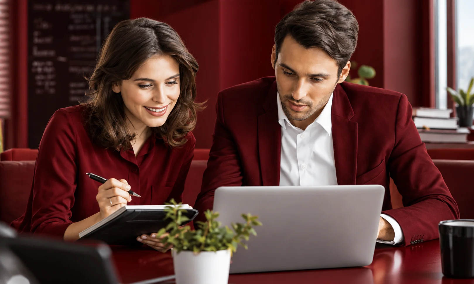 A man and woman reviewing metrics on a laptop together to highlight personalized customer engagement practices.