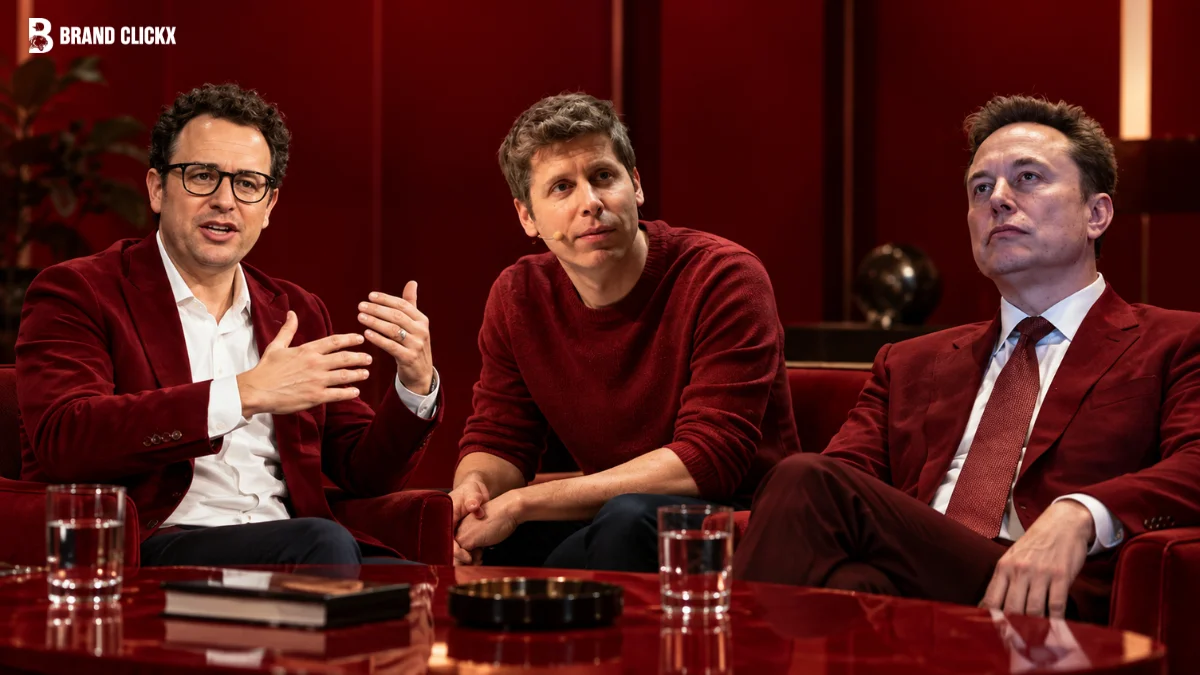 Tech CEOs Dario Amodei, Sam Altman, and Elon Musk discussing the push to slow down AI development.