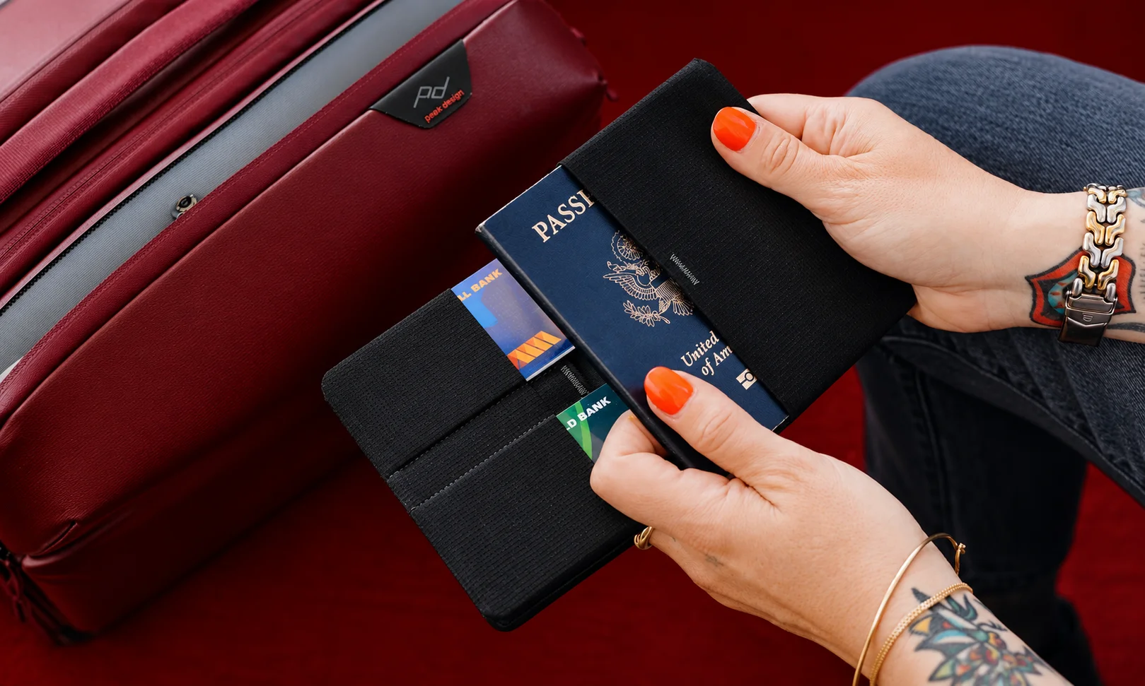 Peak Design Passport Wallet holding cards and a passport in an ultra-slim layout.