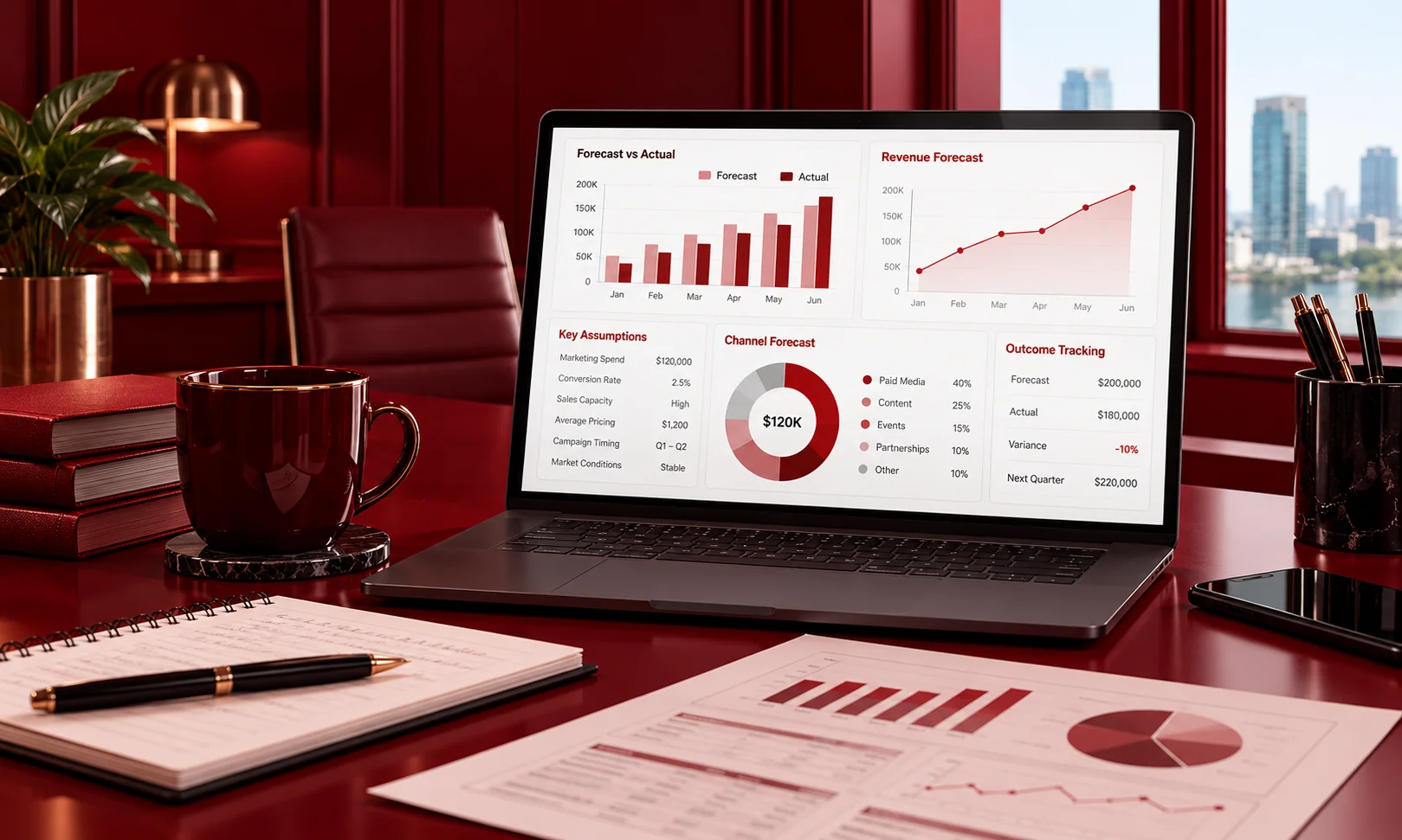| How CMOs Defend Marketing Budget in the Boardroom Laptop displaying a marketing forecast vs actual data dashboard for CMO budget defence board review