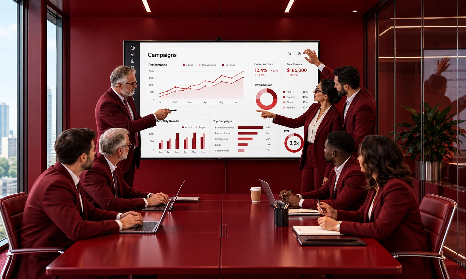 | How CMOs Defend Marketing Budget in the Boardroom Executive board members analyzing long term marketing performance metrics during a meeting