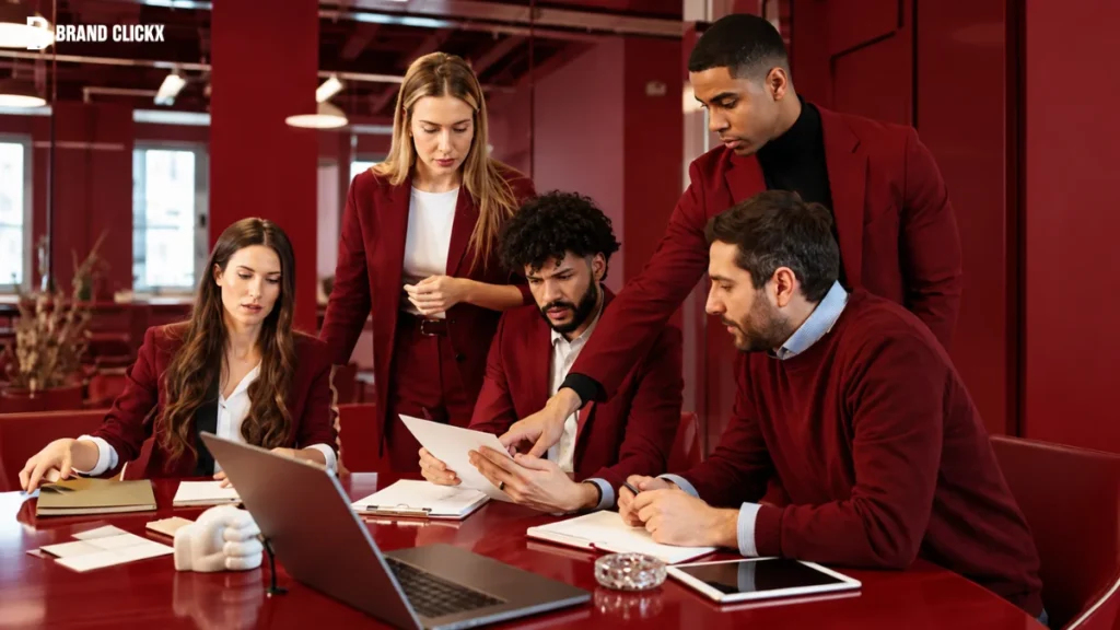 Team collaborating in a modern office space as part of a-z building an ai-first corporate culture strategy.
