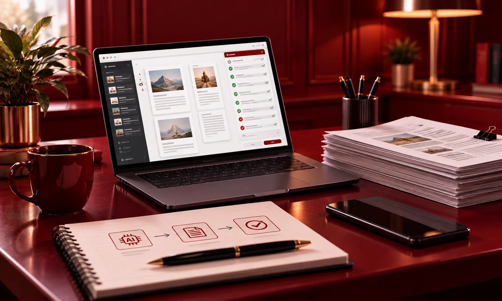 | What an Agency AI Tooling Stack Actually Costs Laptop showing AI content review checklist next to stack of paper documents