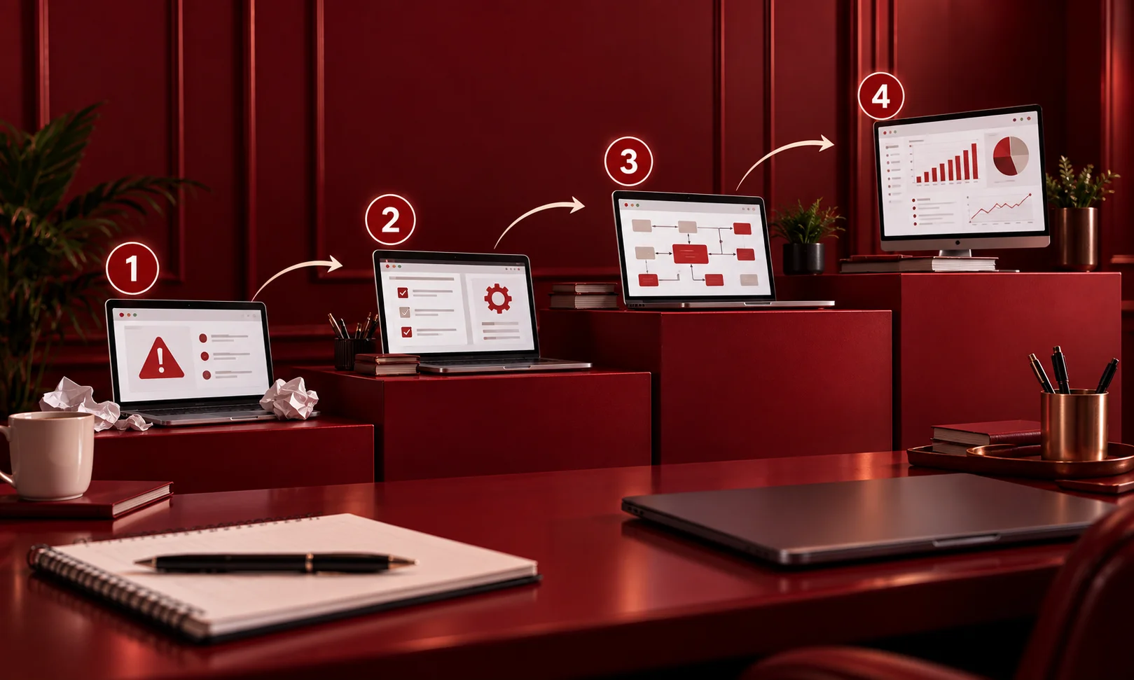 Four laptop screens displaying the 4 maturity stages of Marketing Operations functions