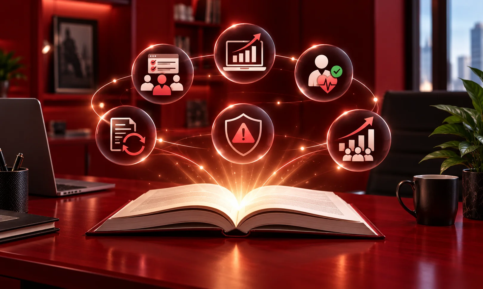 An open book glowing with floating data and workflow icons explaining the fundamentals of a customer success playbook.