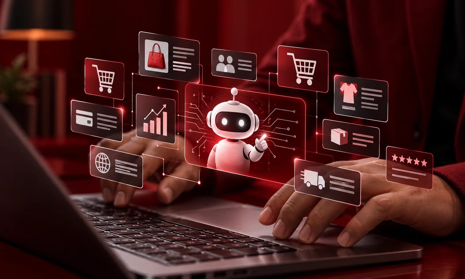 Person typing on a laptop surrounded by Agentic AI workflow and e-commerce icons