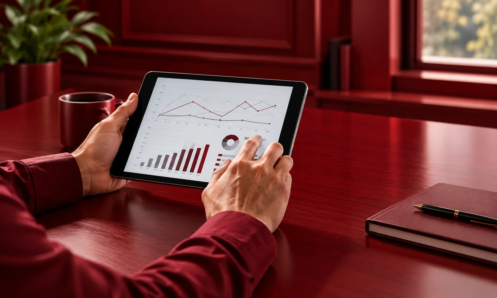 Person reviewing financial growth charts and customer acquisition cost metrics on a tablet.
