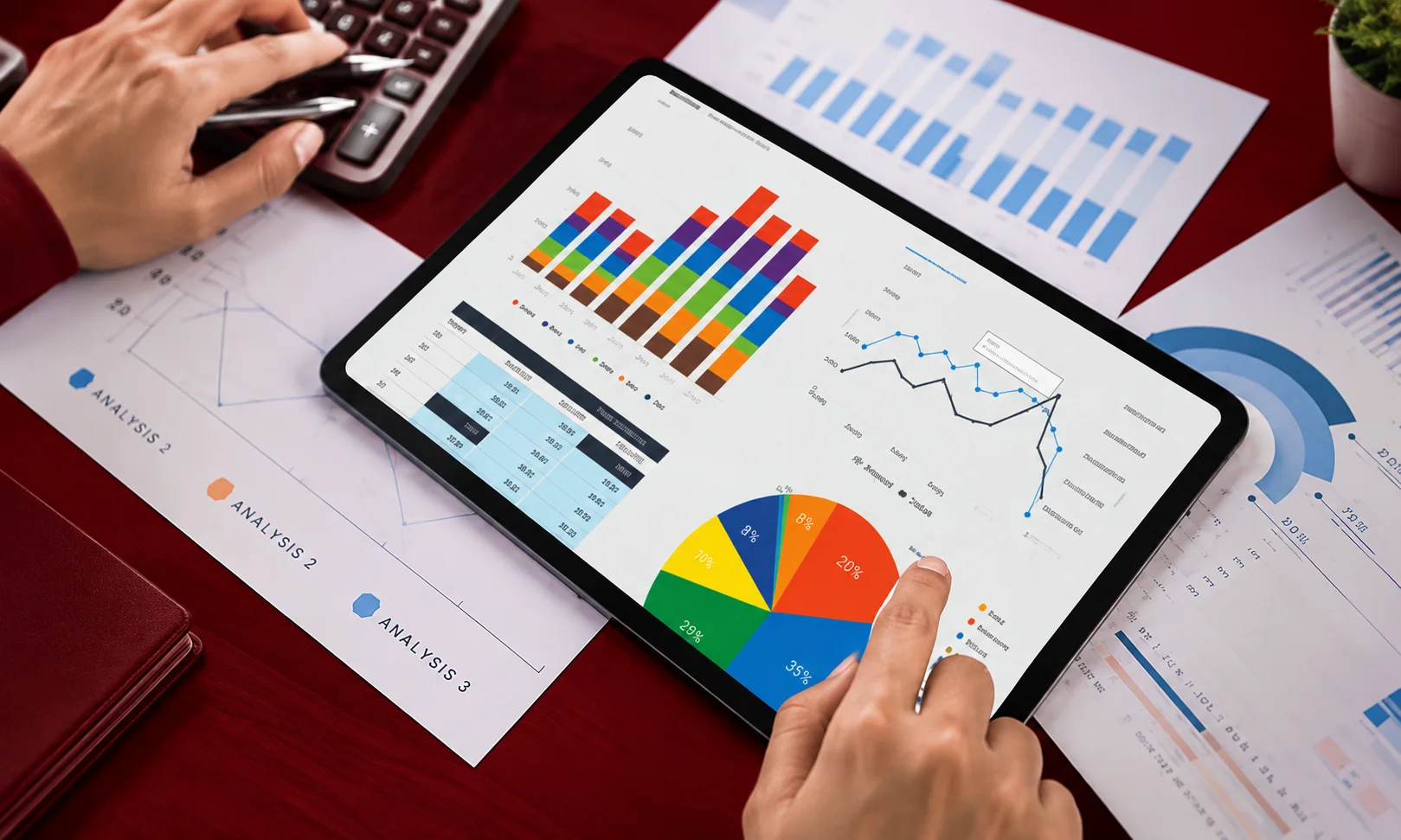 Professional pointing to a tablet chart analyzing metrics behind Paid Social Benchmarks