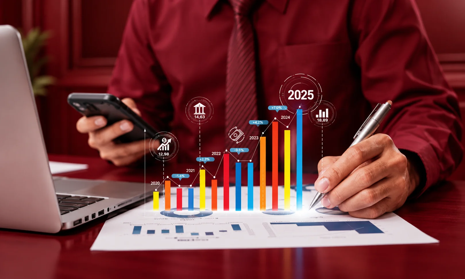 Business professional reviewing financial reports and digital graphs comparing Paid Social Benchmarks