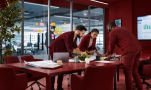 Diverse agency team reviewing project plans and AI tools during a client pitch preparation