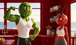 | AI Slop in Advertising: When Cheap Creative Costs Brands More 3D animated watermelon and cherry fruit characters in a bright red kitchen