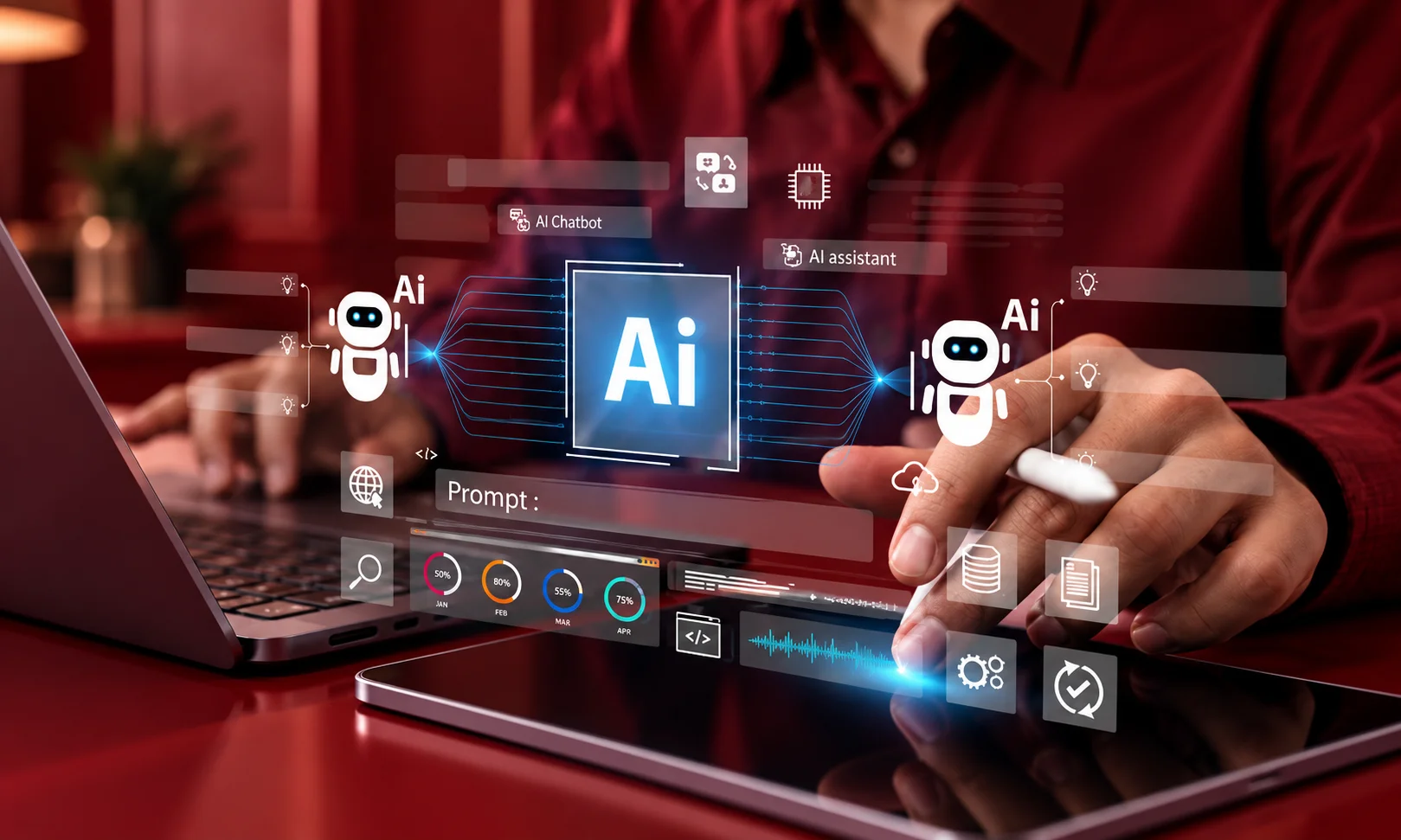 | What an Agency AI Tooling Stack Actually Costs User interacting with glowing Agency AI Tooling Stack software icons on tablet screen