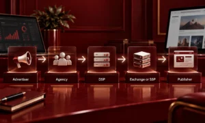 | The Programmatic Supply Chain in 2026: Where the Money Goes Programmatic supply chain steps: Advertiser, DSP, SSP, Publisher