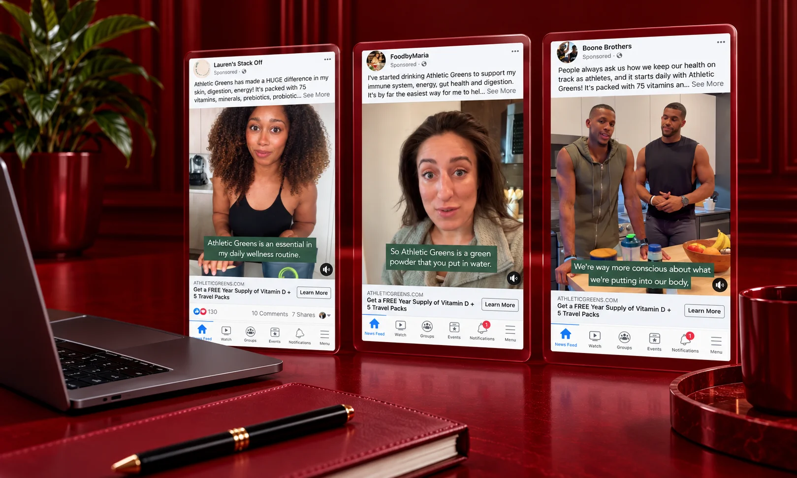 Three mobile screens displaying sponsored posts representing Whitelisting and Creator Ads