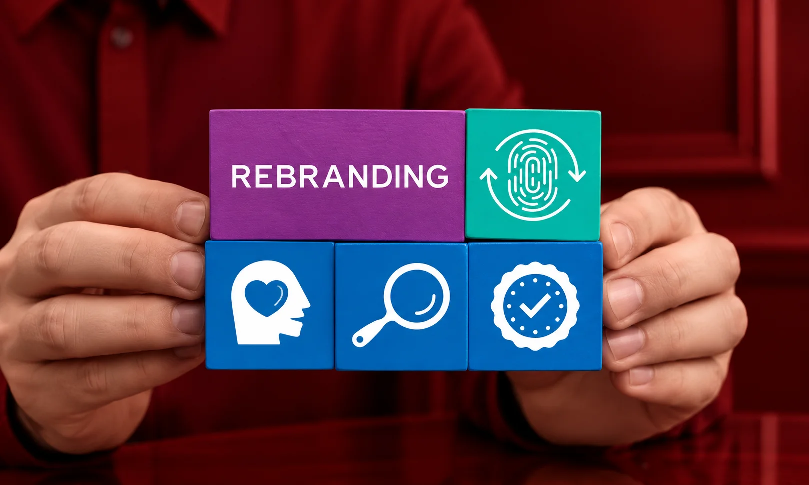 | Rebrands That Worked: Successful Rebrand Examples and the Reasoning Behind Them Hands assembling blocks with identity icons illustrating Successful Rebrand Examples strategy