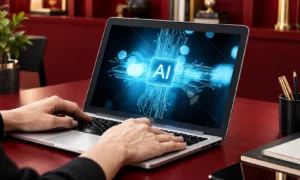 | AI Slop in Advertising: When Cheap Creative Costs Brands More Laptop open on wooden desk displaying glowing blue AI circuit chip design