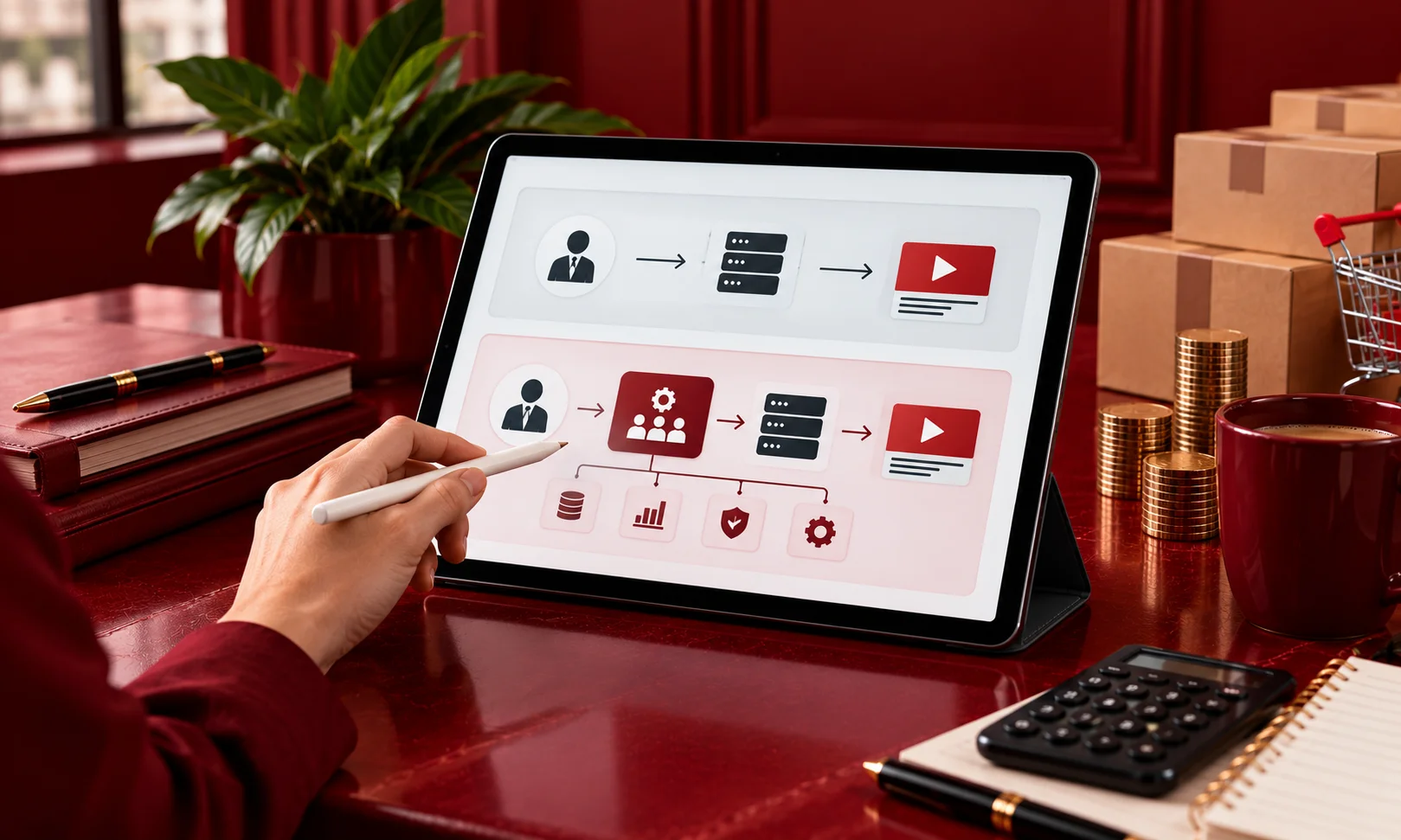 Tablet displaying direct versus curated buying path flowcharts in curated marketplaces programmatic