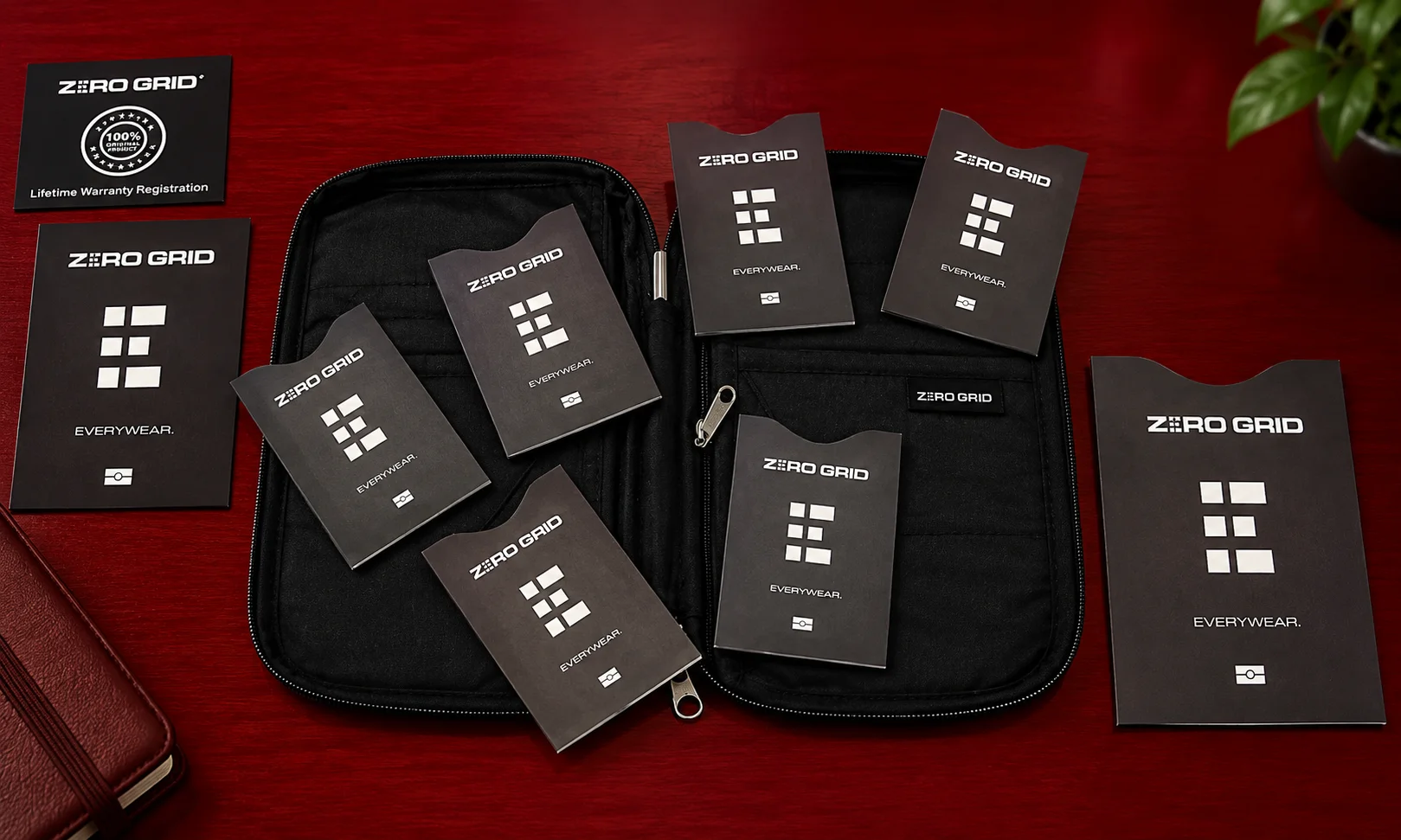 Zero Grid multi-document passport wallet laid open with compartment inserts for family travel.