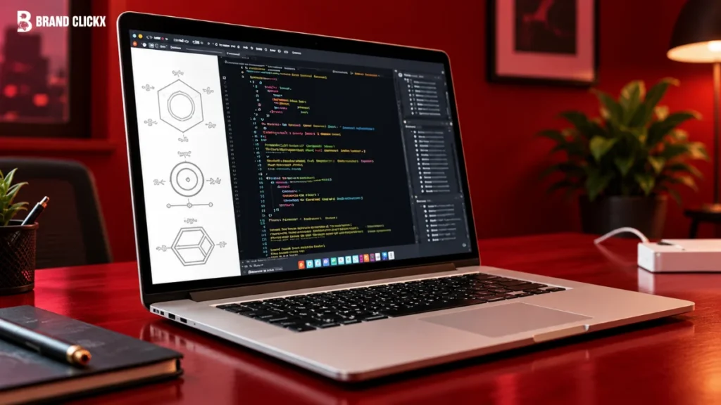 A modern laptop displaying code lines on a screen, highlighting the best AI coding tools for developers by BrandClickX.