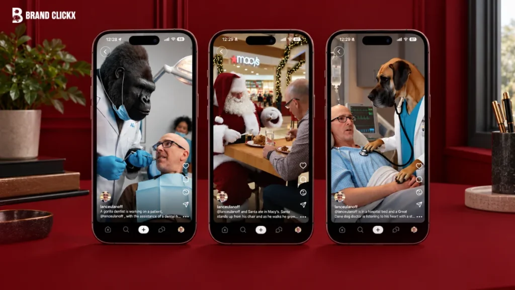 feature Three smartphones displaying AI-generated social video creatives on screen