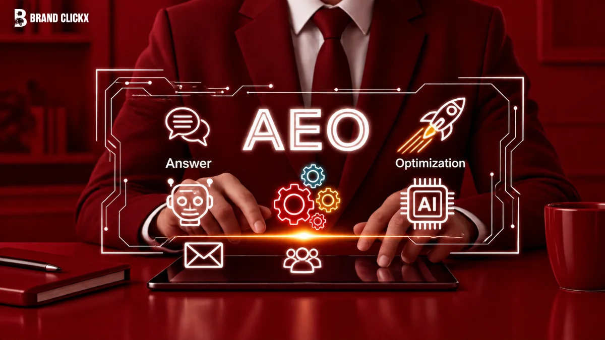 Agentic AI in Marketing shown through AEO dashboard icons and automation symbols
