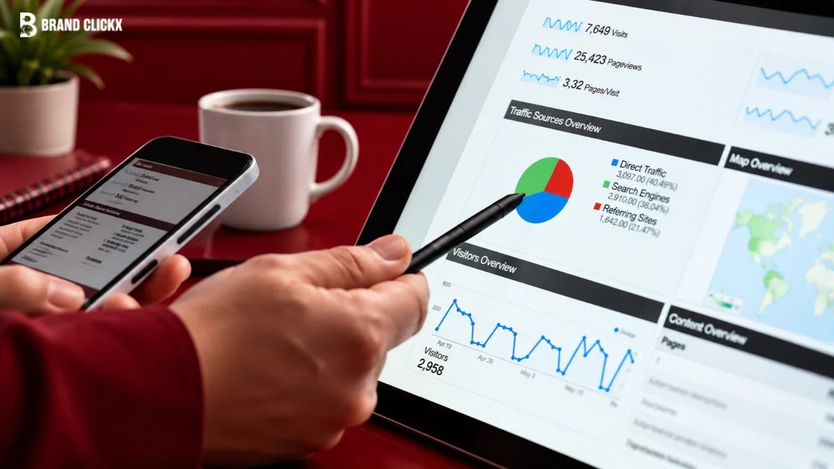 Digital marketer reviewing a tablet dashboard displaying Paid Social Benchmarks and campaign analytics