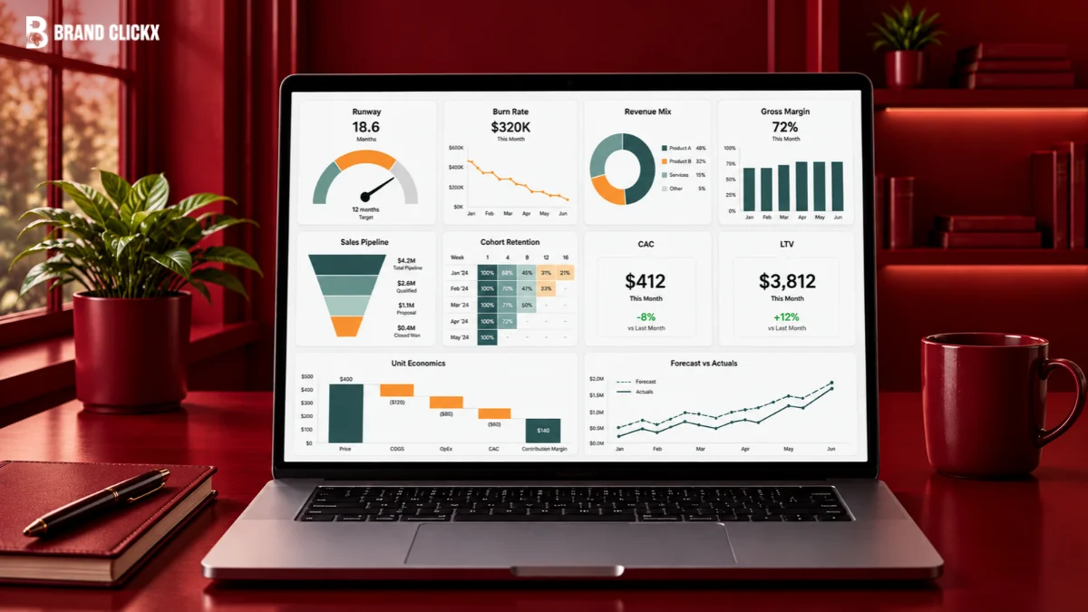 Business performance analytics on laptop screen featuring unit economics, LTV, and CAC benchmarks.