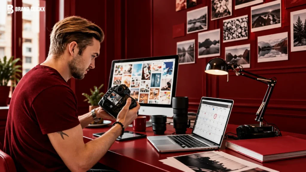 feature content Photographer reviewing visual assets on camera and desktop to manage paid social Creative Volume