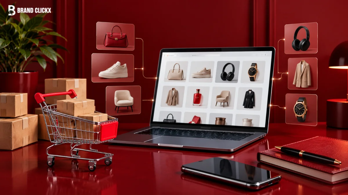 Laptop displaying product catalog network illustrating curated marketplaces programmatic buying