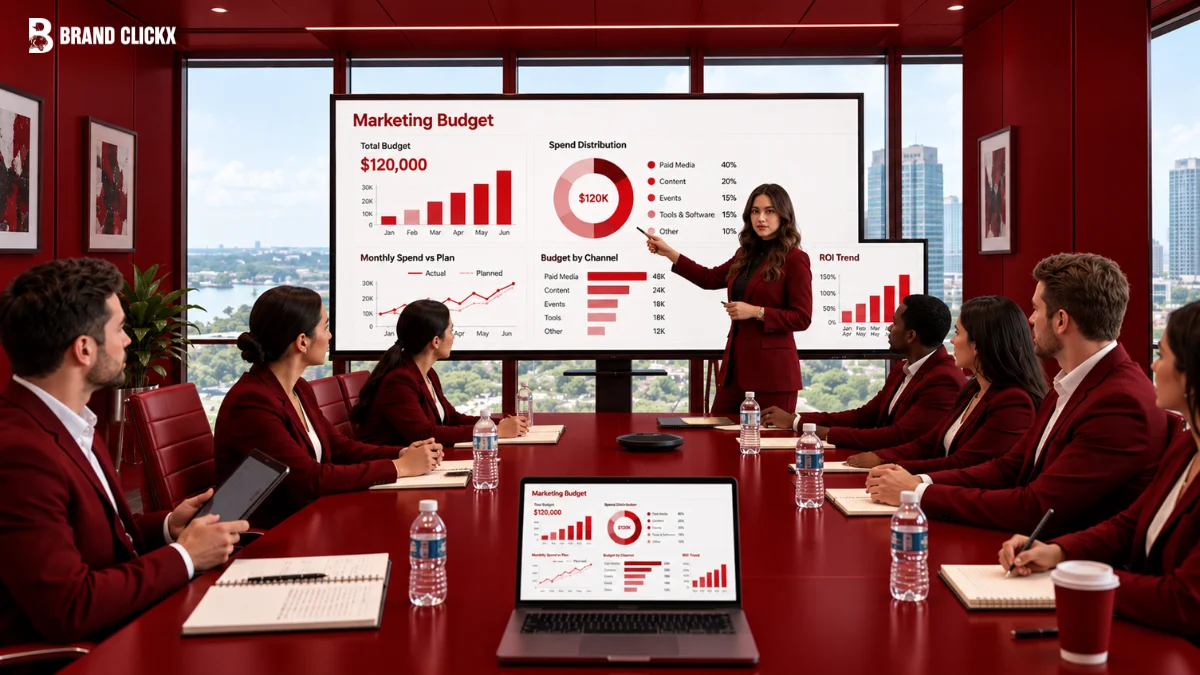 feature meeting cmo CMO presenting a strategic marketing budget dashboard during a CMO budget defence board meeting