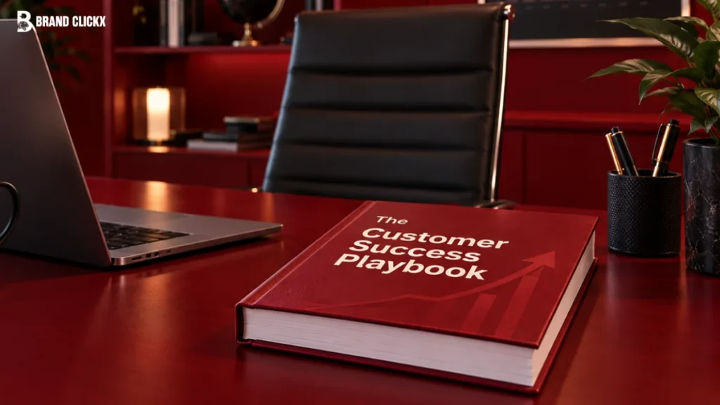 A desk featuring a laptop and a book titled "The Customer Success Playbook" to illustrate a comprehensive customer success playbook strategy.