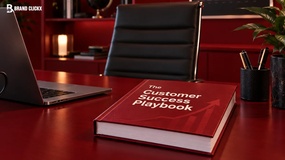 A desk featuring a laptop and a book titled "The Customer Success Playbook" to illustrate a comprehensive customer success playbook strategy.