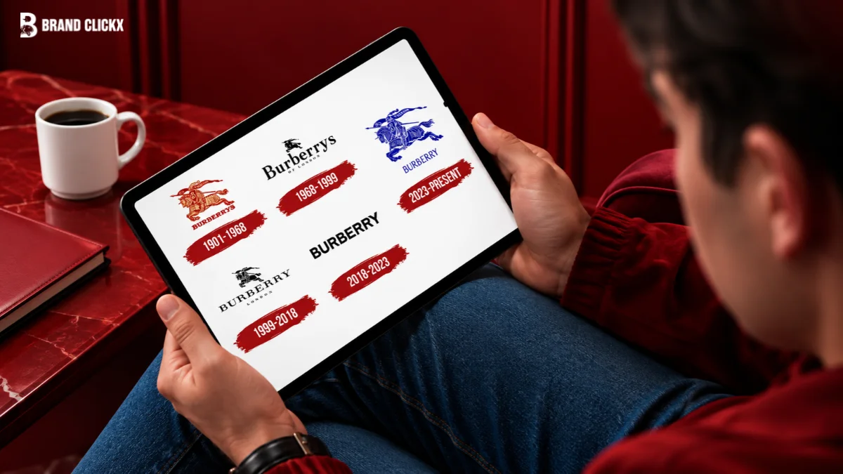 Tablet displaying Burberry logo evolution timeline as one of the Successful Rebrand Examples
