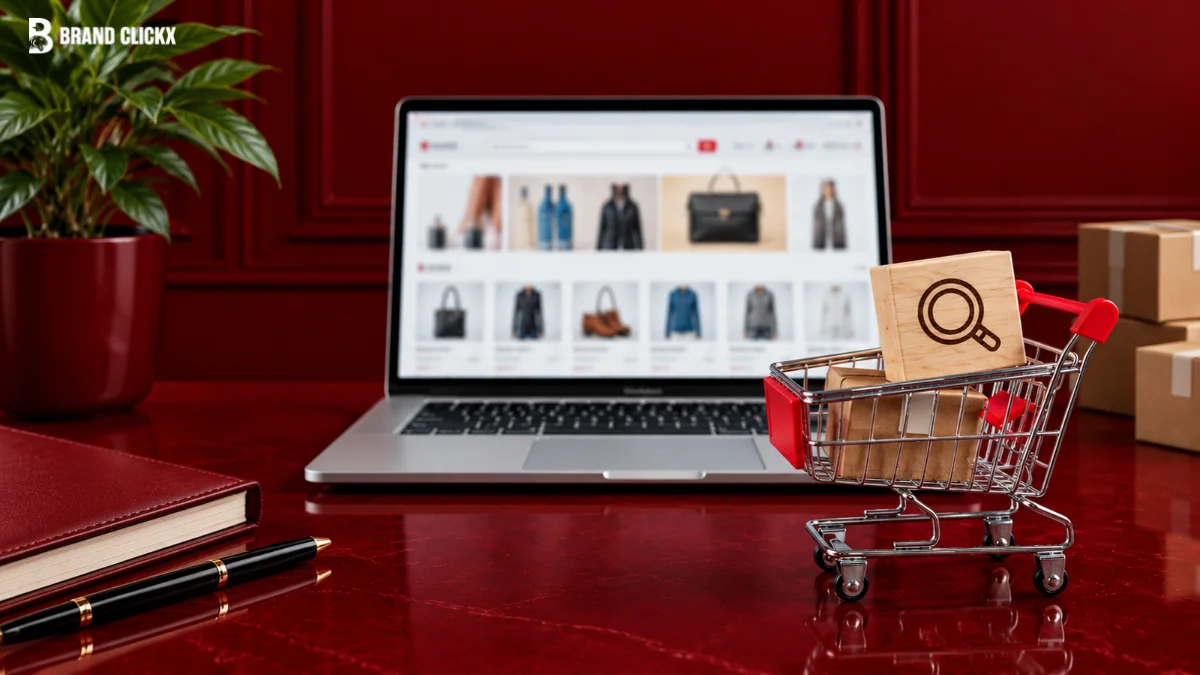 Miniature shopping cart and search block in front of laptop showing Retail Media Measurement dashboard