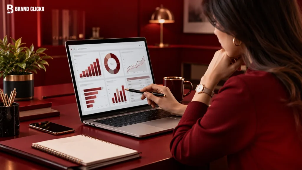 CMO Scorecard Metrics reviewed by an executive on a laptop